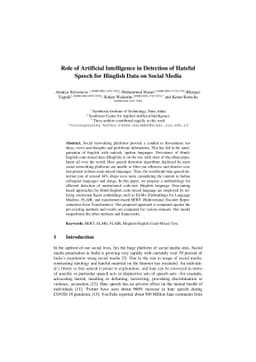 Role of Artificial Intelligence in Detection of Hateful Speech for
  Hinglish Data on Social Media