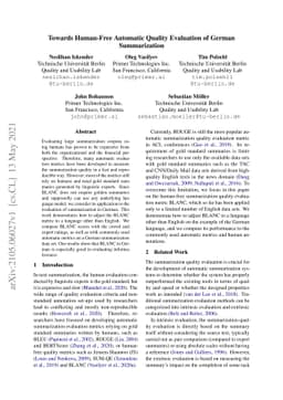 Towards Human-Free Automatic Quality Evaluation of German Summarization