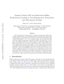 Optimal Uniform OPE and Model-based Offline Reinforcement Learning in
  Time-Homogeneous, Reward-Free and Task-Agnostic Settings