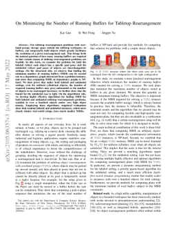 On Minimizing the Number of Running Buffers for Tabletop Rearrangement