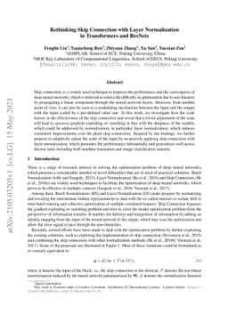 Rethinking Skip Connection with Layer Normalization in Transformers and
  ResNets