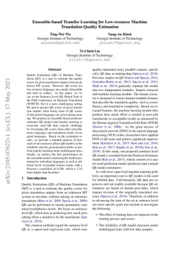 Ensemble-based Transfer Learning for Low-resource Machine Translation
  Quality Estimation