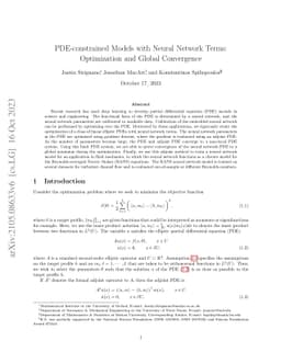 PDE-constrained Models with Neural Network Terms: Optimization and
  Global Convergence