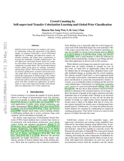 Crowd Counting by Self-supervised Transfer Colorization Learning and
  Global Prior Classification