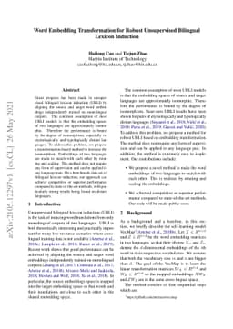 Word Embedding Transformation for Robust Unsupervised Bilingual Lexicon
  Induction