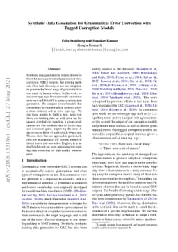 Synthetic Data Generation for Grammatical Error Correction with Tagged
  Corruption Models