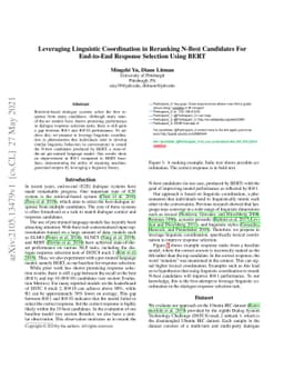 Leveraging Linguistic Coordination in Reranking N-Best Candidates For
  End-to-End Response Selection Using BERT