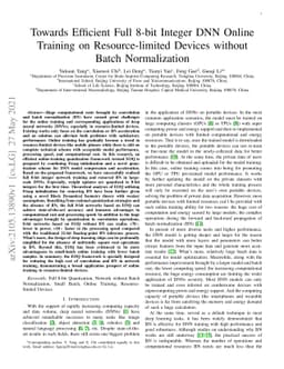 Towards Efficient Full 8-bit Integer DNN Online Training on
  Resource-limited Devices without Batch Normalization