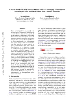 Cisco at SemEval-2021 Task 5: What's Toxic?: Leveraging Transformers for
  Multiple Toxic Span Extraction from Online Comments