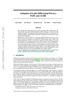 Antipodes of Label Differential Privacy: PATE and ALIBI