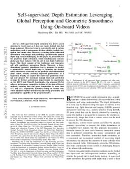 Self-supervised Depth Estimation Leveraging Global Perception and
  Geometric Smoothness Using On-board Videos