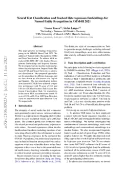 Neural Text Classification and Stacked Heterogeneous Embeddings for
  Named Entity Recognition in SMM4H 2021