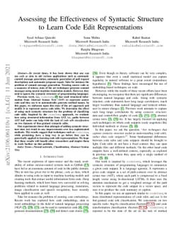 Assessing the Effectiveness of Syntactic Structure to Learn Code Edit
  Representations