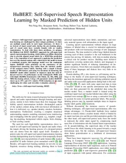 HuBERT: Self-Supervised Speech Representation Learning by Masked
  Prediction of Hidden Units