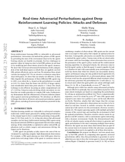 Real-time Adversarial Perturbations against Deep Reinforcement Learning
  Policies: Attacks and Defenses