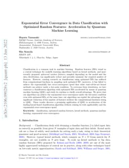 Exponential Error Convergence in Data Classification with Optimized
  Random Features: Acceleration by Quantum Machine Learning