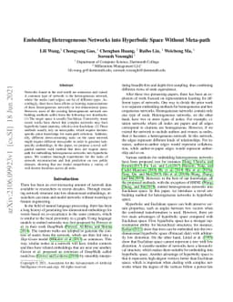 Embedding Heterogeneous Networks into Hyperbolic Space Without Meta-path
