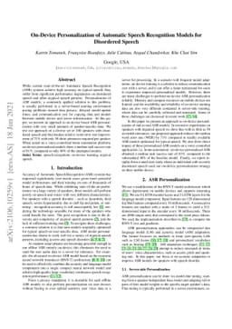 On-Device Personalization of Automatic Speech Recognition Models for
  Disordered Speech