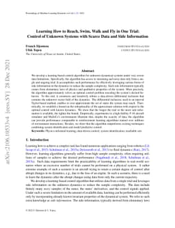 Learning to Reach, Swim, Walk and Fly in One Trial: Data-Driven Control
  with Scarce Data and Side Information
