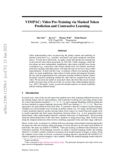 VIMPAC: Video Pre-Training via Masked Token Prediction and Contrastive
  Learning