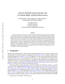 Agnostic Reinforcement Learning with Low-Rank MDPs and Rich Observations