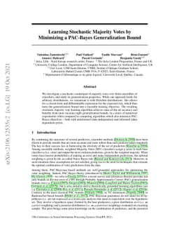 Learning Stochastic Majority Votes by Minimizing a PAC-Bayes
  Generalization Bound