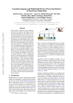 Learning Language and Multimodal Privacy-Preserving Markers of Mood from
  Mobile Data
