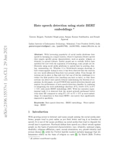 Hate speech detection using static BERT embeddings