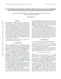 DF-Conformer: Integrated architecture of Conv-TasNet and Conformer using
  linear complexity self-attention for speech enhancement
