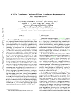 CSWin Transformer: A General Vision Transformer Backbone with
  Cross-Shaped Windows