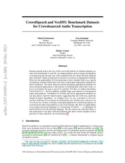 CrowdSpeech and VoxDIY: Benchmark Datasets for Crowdsourced Audio
  Transcription