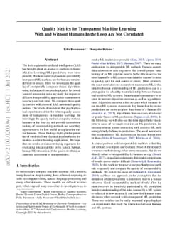 Quality Metrics for Transparent Machine Learning With and Without Humans
  In the Loop Are Not Correlated