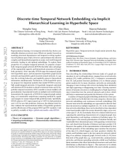 Discrete-time Temporal Network Embedding via Implicit Hierarchical
  Learning in Hyperbolic Space