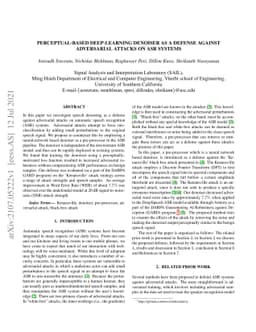Perceptual-based deep-learning denoiser as a defense against adversarial
  attacks on ASR systems