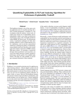 Quantifying Explainability in NLP and Analyzing Algorithms for
  Performance-Explainability Tradeoff