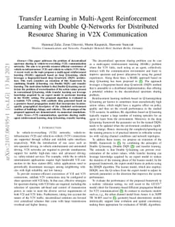 Transfer Learning in Multi-Agent Reinforcement Learning with Double
  Q-Networks for Distributed Resource Sharing in V2X Communication