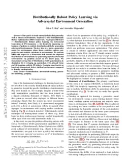 Distributionally Robust Policy Learning via Adversarial Environment
  Generation
