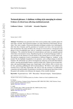 Tortured phrases: A dubious writing style emerging in science. Evidence
  of critical issues affecting established journals