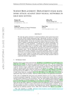 Subnet Replacement: Deployment-stage backdoor attack against deep neural
  networks in gray-box setting
