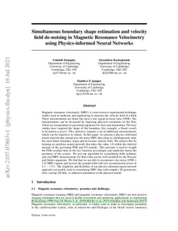 Simultaneous boundary shape estimation and velocity field de-noising in
  Magnetic Resonance Velocimetry using Physics-informed Neural Networks