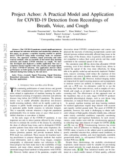 Project Achoo: A Practical Model and Application for COVID-19 Detection
  from Recordings of Breath, Voice, and Cough