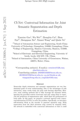 CI-Net: Contextual Information for Joint Semantic Segmentation and Depth
  Estimation