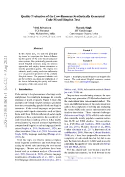 Quality Evaluation of the Low-Resource Synthetically Generated
  Code-Mixed Hinglish Text