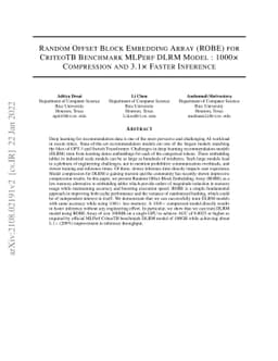Random Offset Block Embedding Array (ROBE) for CriteoTB Benchmark MLPerf
  DLRM Model : 1000$\times$ Compression and 3.1$\times$ Faster Inference