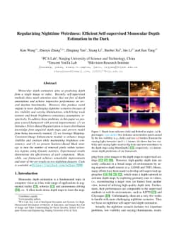 Regularizing Nighttime Weirdness: Efficient Self-supervised Monocular
  Depth Estimation in the Dark