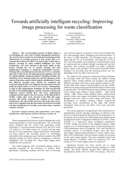 Towards artificially intelligent recycling Improving image processing
  for waste classification