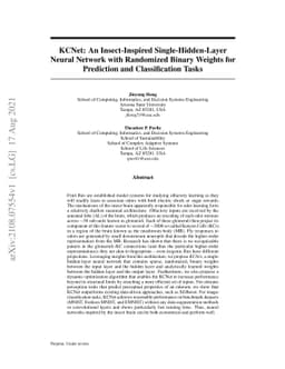 KCNet: An Insect-Inspired Single-Hidden-Layer Neural Network with Randomized Binary Weights for Prediction and Classification Tasks