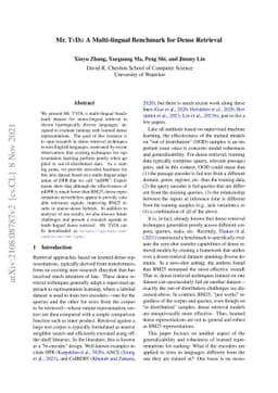 Mr. TyDi: A Multi-lingual Benchmark for Dense Retrieval