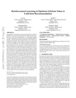 Reinforcement Learning to Optimize Lifetime Value in Cold-Start
  Recommendation