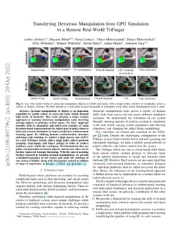 Transferring Dexterous Manipulation from GPU Simulation to a Remote
  Real-World TriFinger